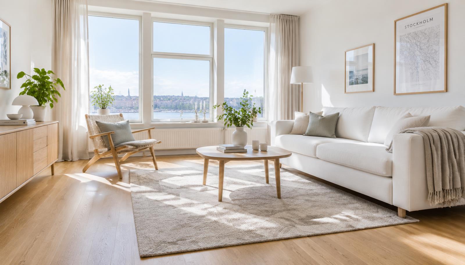Ljust och nystädat vardagsrum i Stockholm